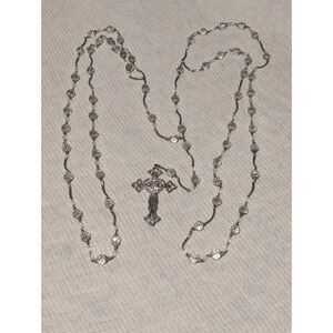 Vintage Wedding Lasso Rosary Ornate Cross Charm Silver Tone Religious Jewelry